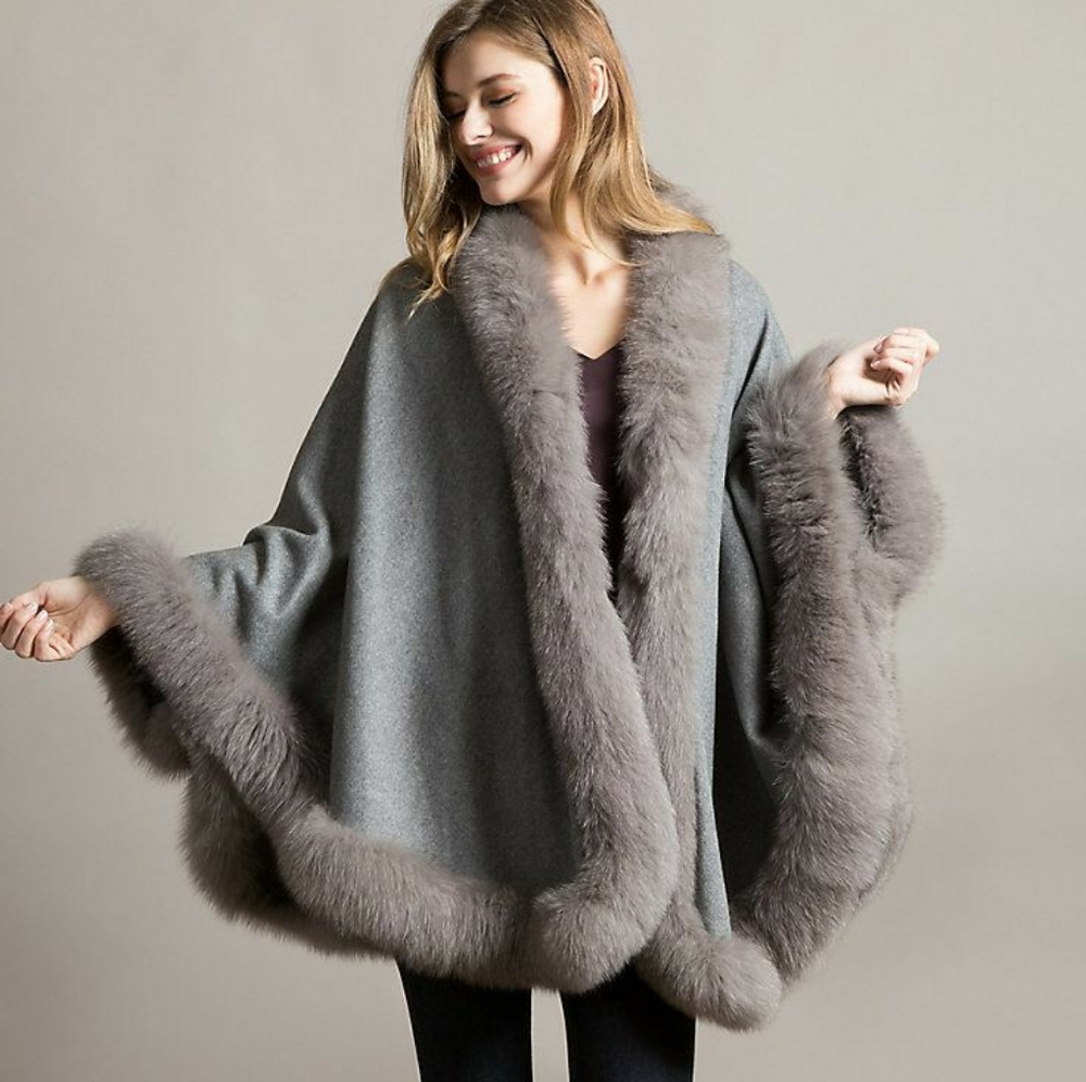 Gray Fur Trim Cape Wraps / Shawl